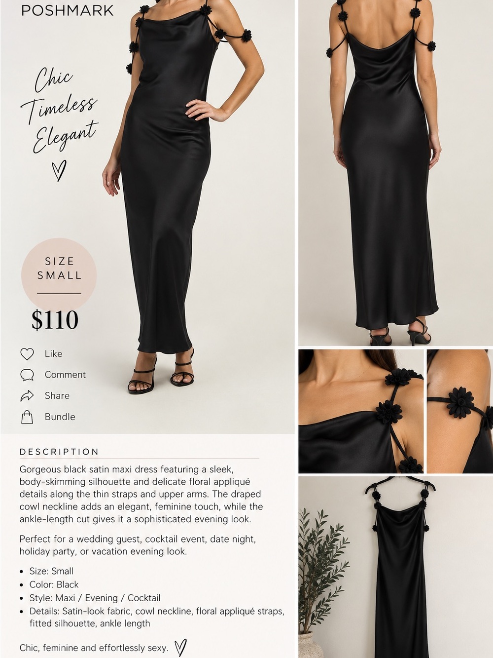 Camila Coelho Black Satin Cowl-Neck Slip Dress with Floral-Appliqué Straps